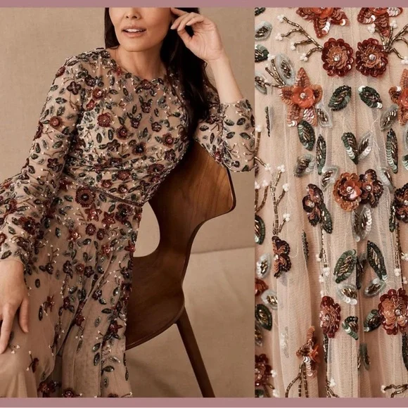 NWT $698 MAC DUGGAL Beige Embellished High Neck Long Sleeve A Line Gown DRESS - Picture 5 of 8